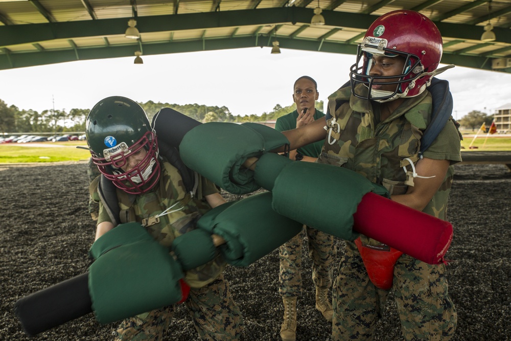 Marine recruits battle during pugil stick matches on Parris Island
