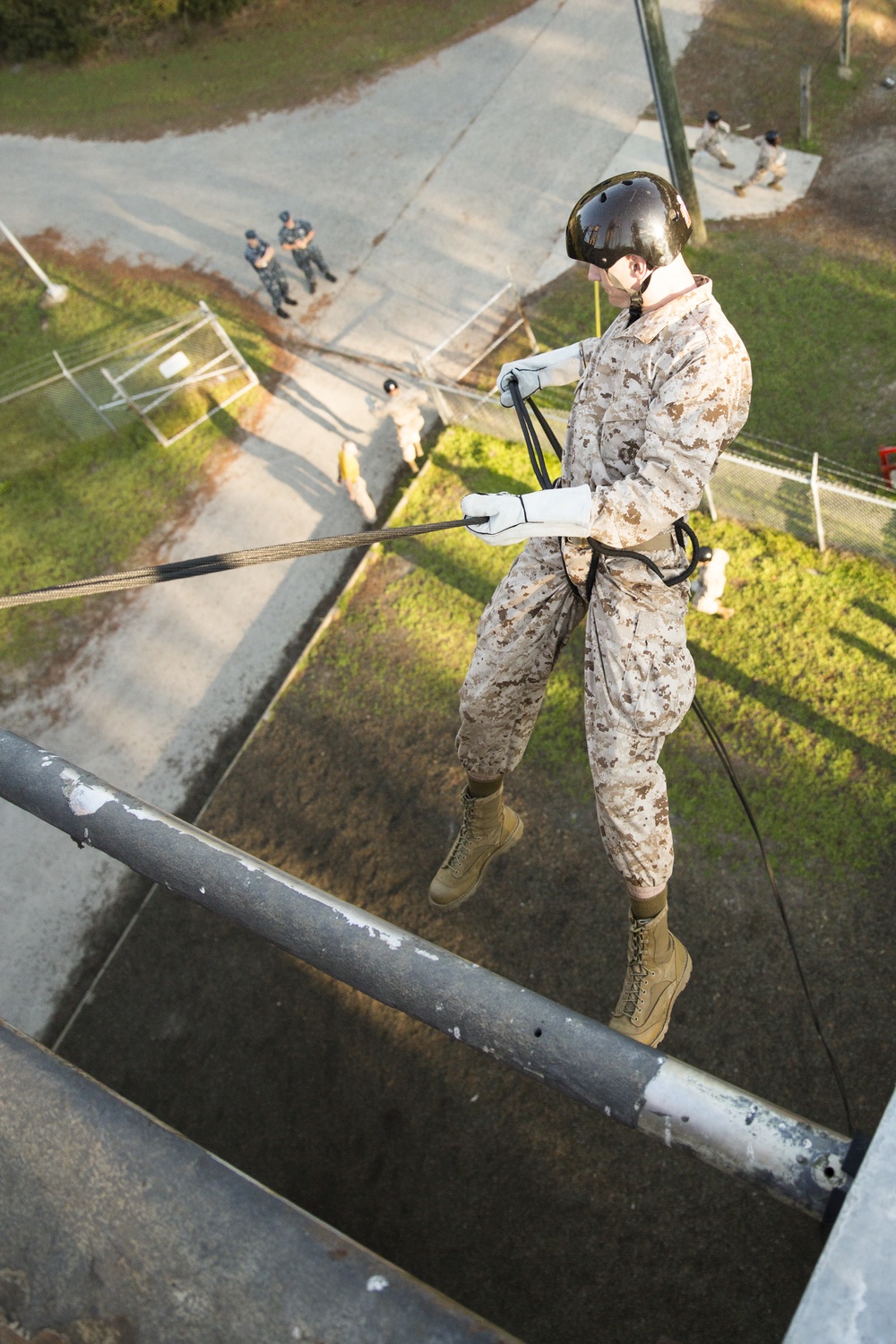 Marine recruits develop rappelling skills on Parris Island