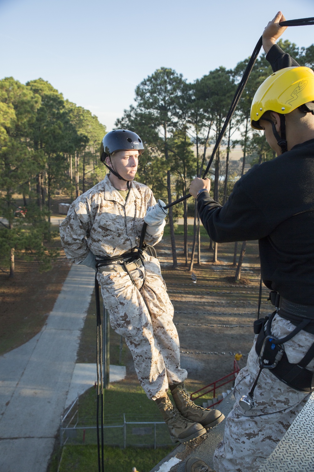 Marine recruits develop rappelling skills on Parris Island