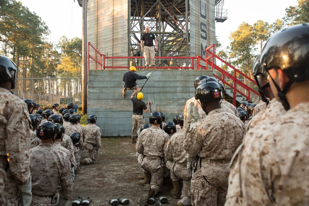 Marine recruits develop rappelling skills on Parris Island