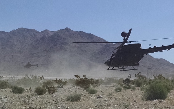 Two military helicopters are operating at very low altitude over an arid desert terrain, with one helicopter prominently in the foreground and a second visible in the background. The scene appears to depict a low-level flight or landing operation, with rotor wash visibly kicking up dust clouds around the aircraft. A large rocky mountain range forms the backdrop under a clear blue sky.