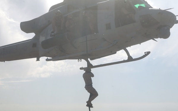 Marines fast rope from hueys during WTI