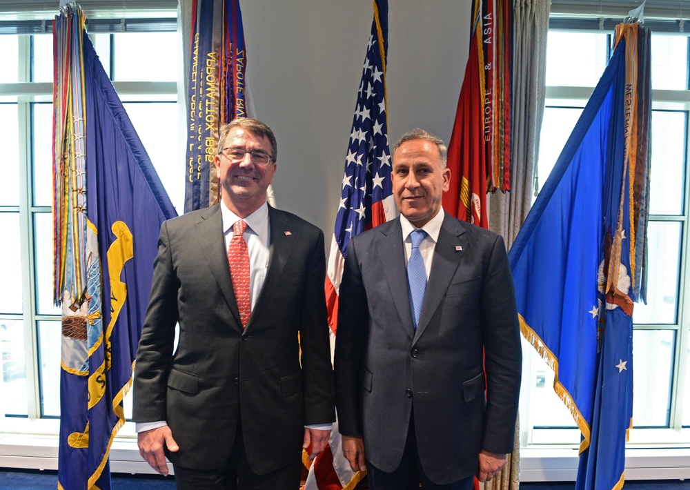 Secretary of Defense Ash Carter takes a photo with Haider al-Abadi Prime Minister of Iraq