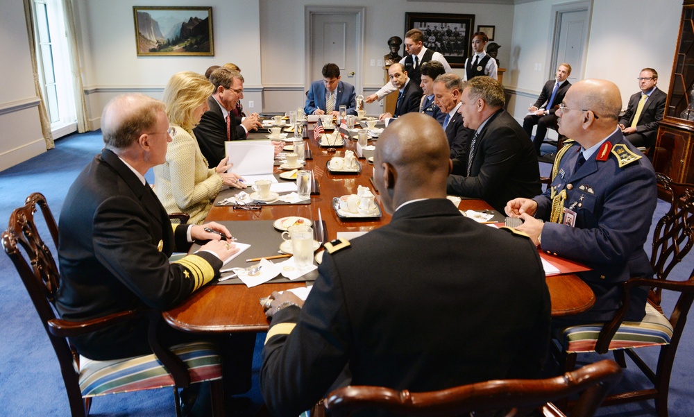Secretary of Defense Ash Carter meets with Haider al-Abadi Prime Minister of Iraq