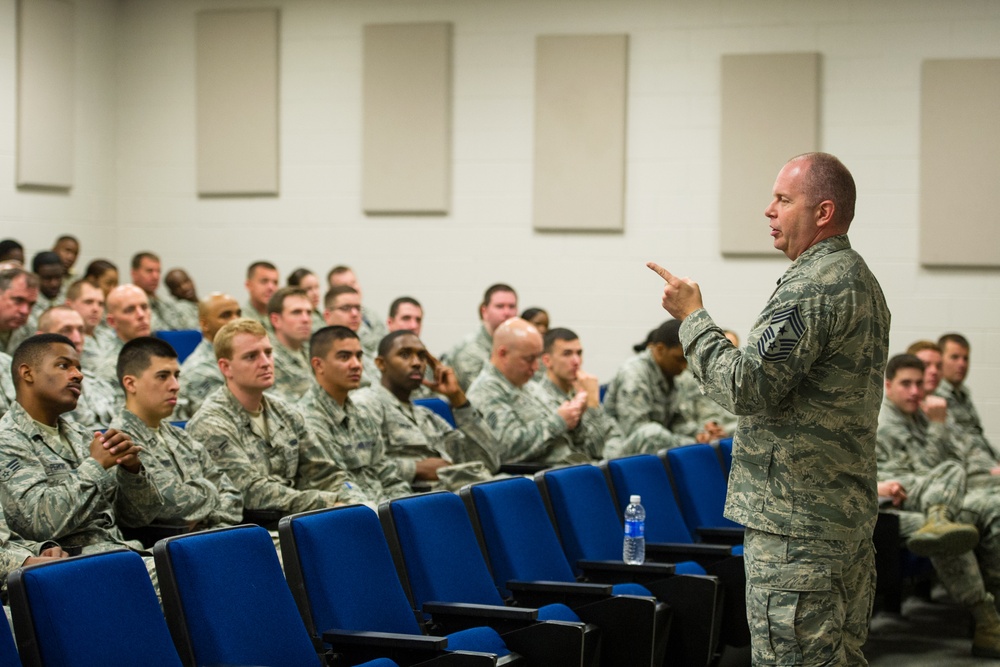 Command Chief Master Sgt. James Hotaling visits the 169th Fighter Wing