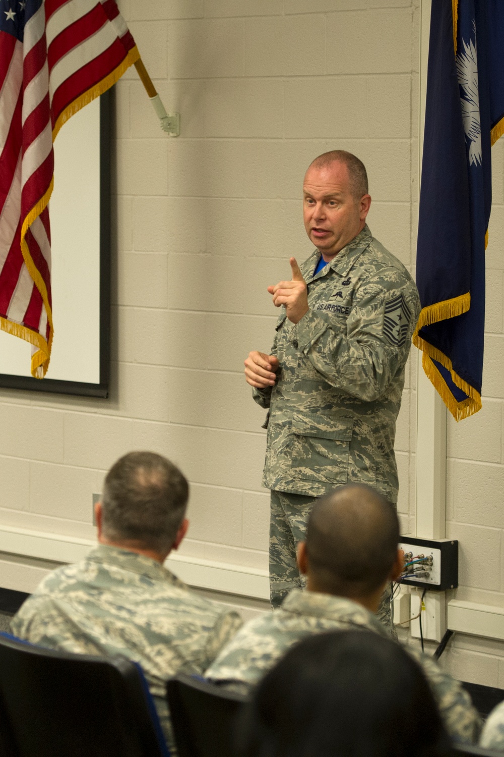 Command Chief Master Sgt. James Hotaling visits the 169th Fighter Wing