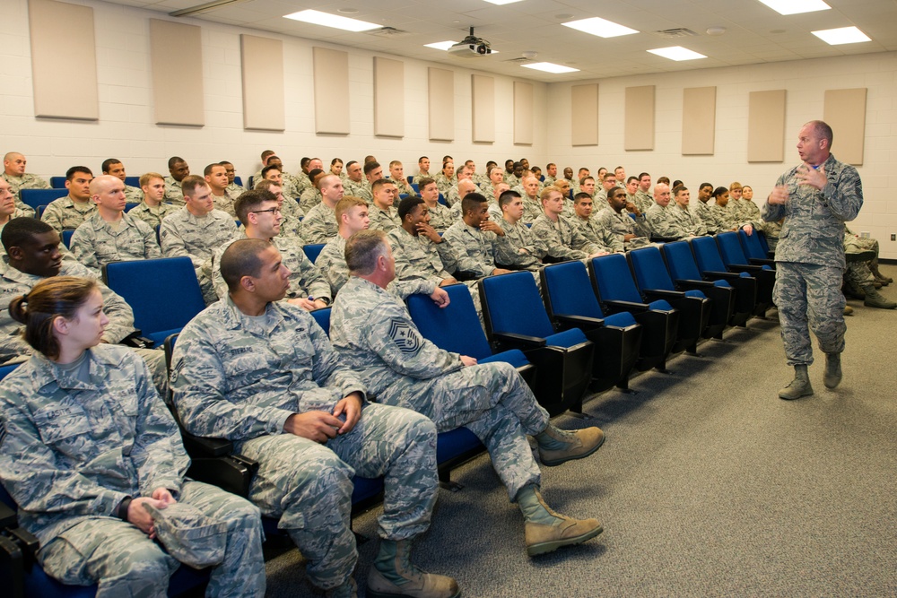 Command Chief Master Sgt. James Hotaling visits the 169th Fighter Wing