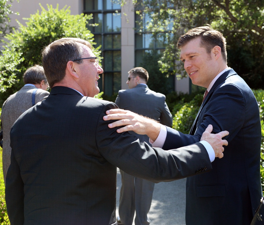 Secretary of Defense Ash Carter is greeted by Russell Wald at Stanford University for the Drell Lecture