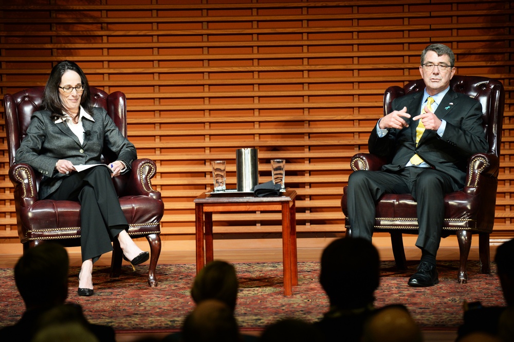 Secretary of Defense Ash Carter fields questions with Dr. Amy Zegart at the Drell Lecture at Stanford University