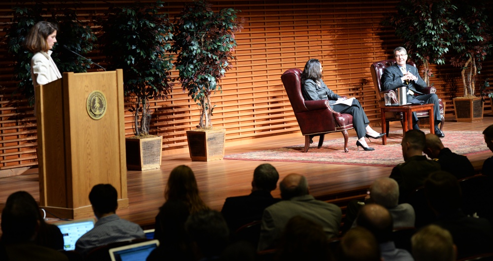 Secretary of Defense Ash Carter fields questions from Director of Media Relations, Jenny Mayfield with Dr. Amy Zegart at the Drell Lecture at Stanford University