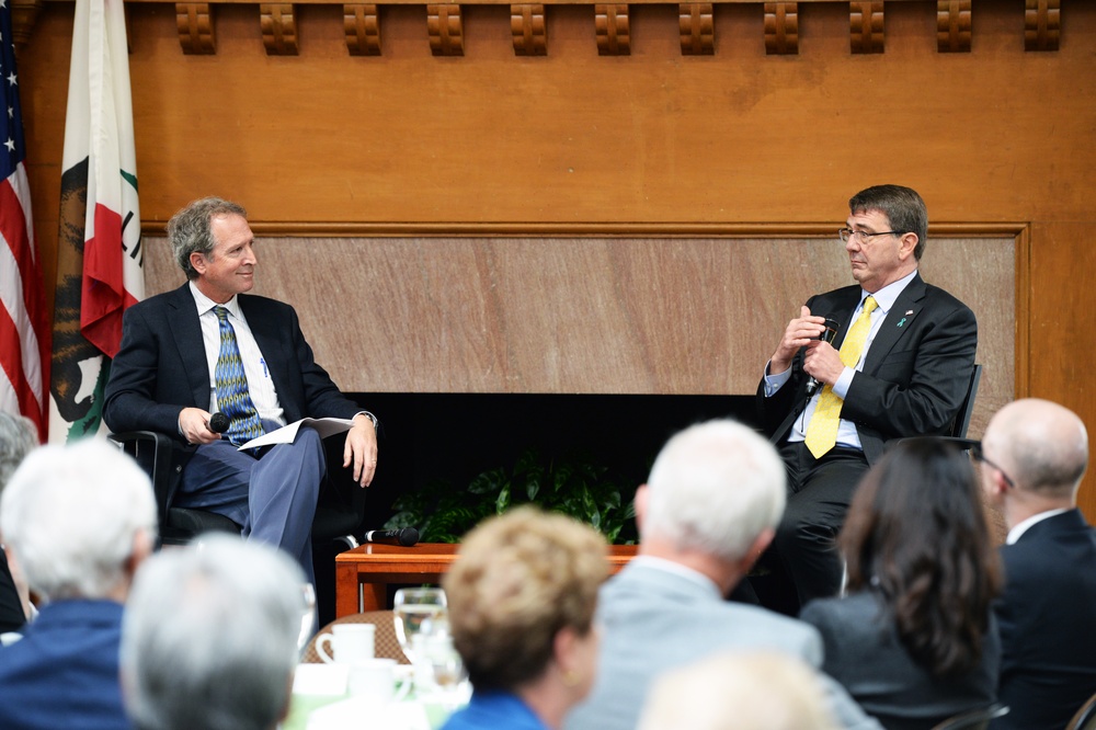Secretary of Defense Ash Carter fields questions from Dr. David Relman and audience at Stanford University