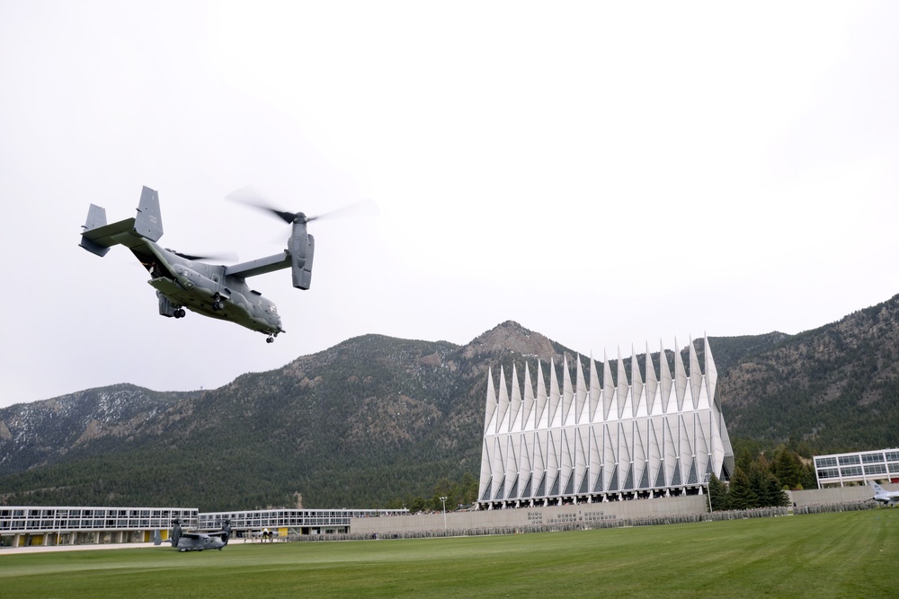 US Air Force CV-22 Ospreys land as part of an AFSOC CV-22 Demonstration supporting the yearly cadet exercise Polaris Warrior