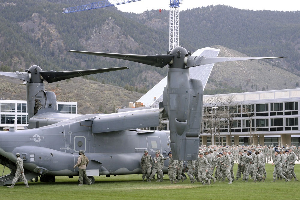 US Air Force CV-22 Ospreys open their doors to cadets as part of an AFSOC CV-22 Demonstration supporting the yearly cadet exercise Polaris Warrior