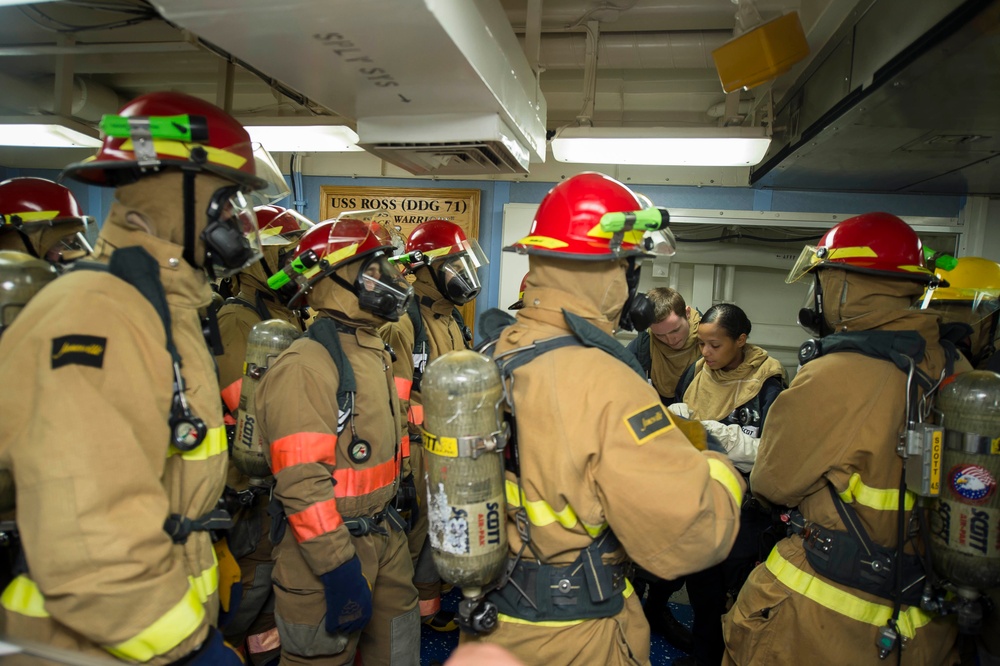 Fire drill aboard USS Ross