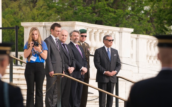 Croatia minister of veterans affairs watches a changing of the guard ritual at Tomb of the Unknown Soldier, Arlington National Cemetery
