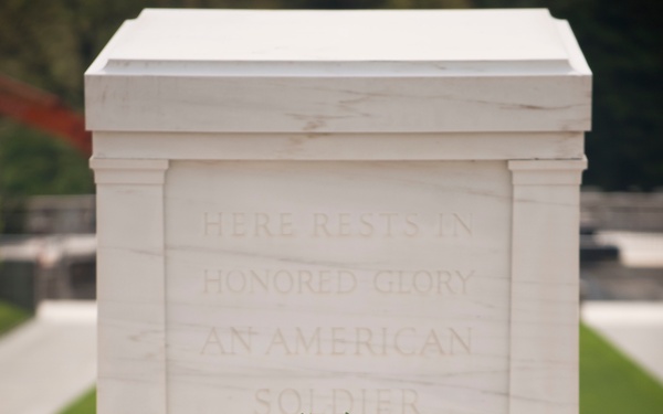 The wreath laid by Republic of Croatia minister of veterans affairs sits in front of the Tomb of the Unknown Soldier in Arlington National Cemetery