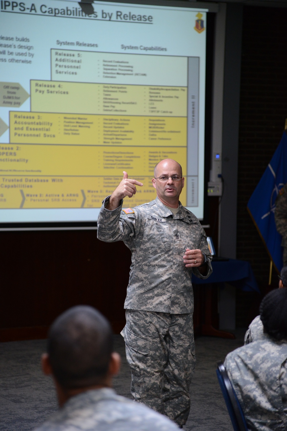 AG corps Chief Warrant Officer 5 Jones and Command Sgt. Maj. Shirley briefing in SHAPE