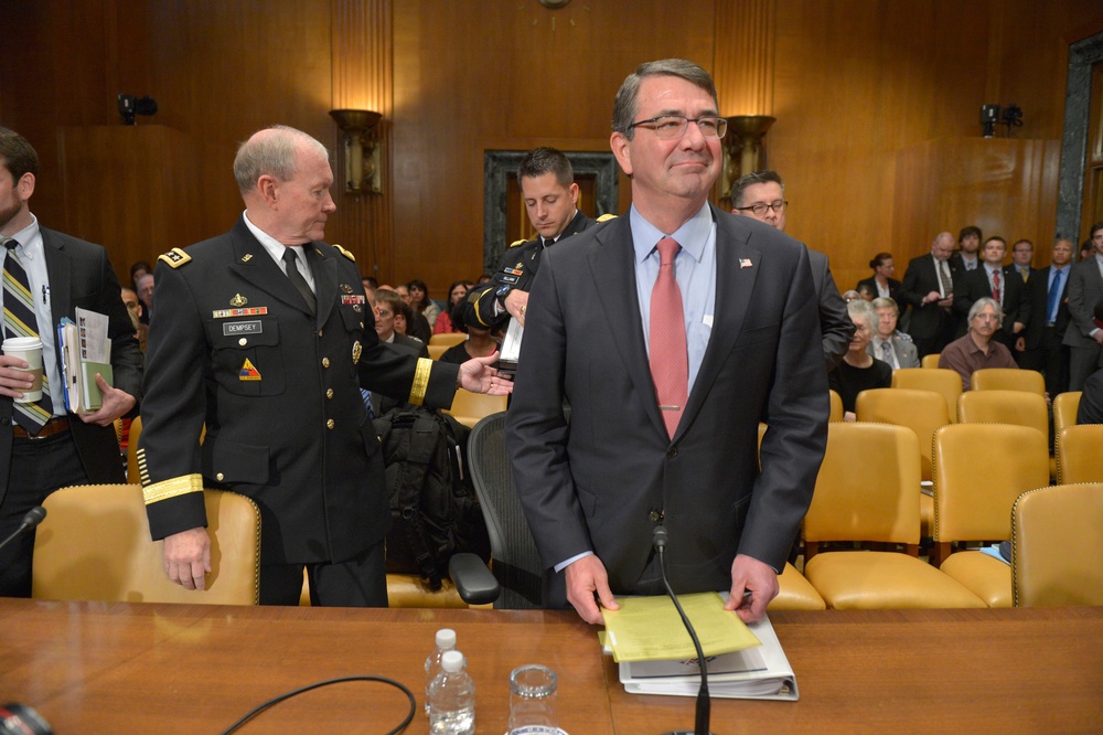 Secretary of Defense Ash Carter prepare to testify before the Senate Appropriations Committee
