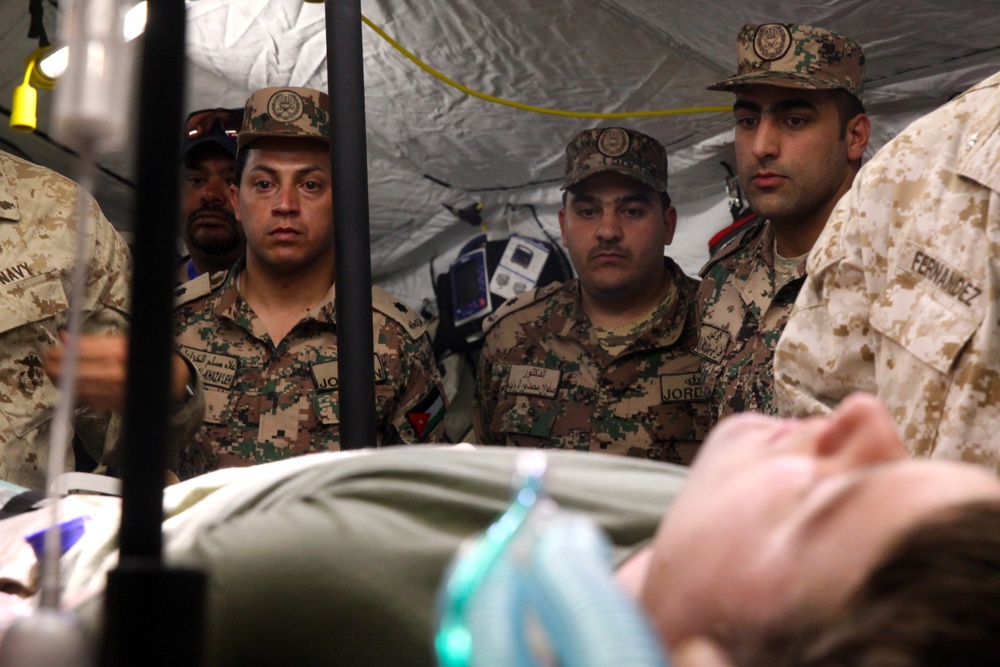 The image shows military medical personnel gathered around a patient lying on a medical bed, apparently in a field hospital or military medical tent. Several soldiers wearing Jordanian Armed Forces uniforms (identified by 'JORDAN' name tapes and Jordanian flag patches) are observing what appears to be a medical procedure or training exercise. A US military personnel member with the name tape 'FERNANDEZ' is also visible on the right side.
