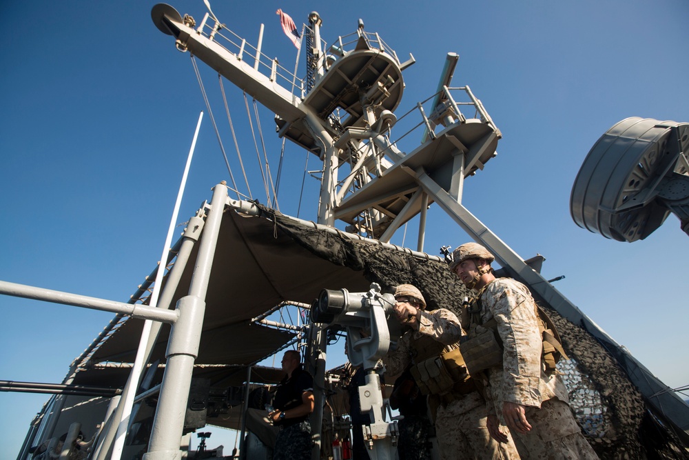 24th MEU Marines provide security aboard USS Sentry (MCM-3) during transit through the Strait of Bab-al-Mandeb