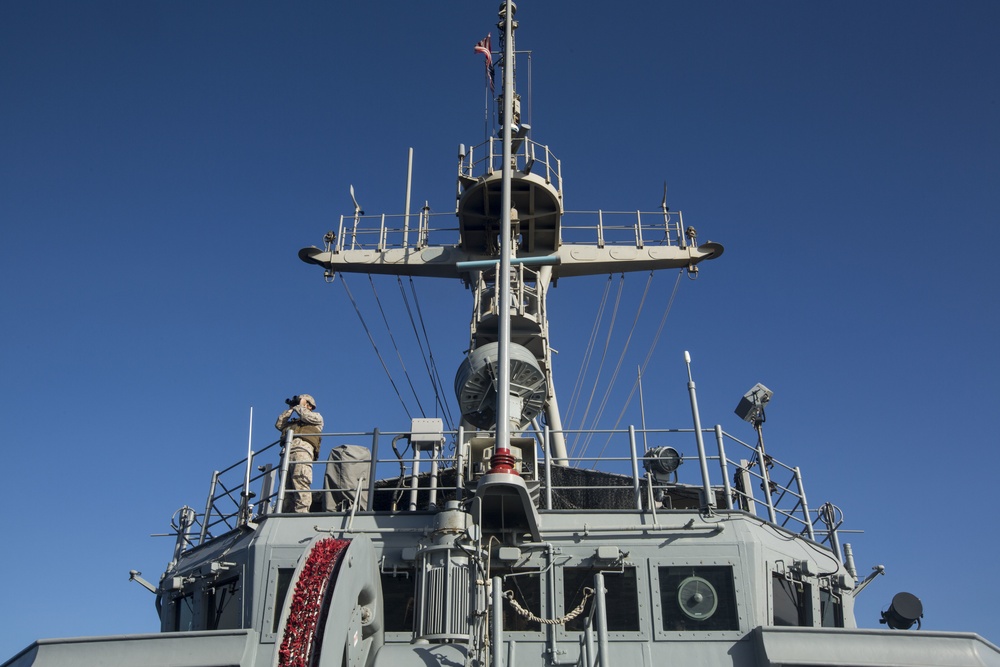 24th MEU Marines provide security aboard USS Sentry (MCM-3) during transit through the Strait of Bab-al-Mandeb