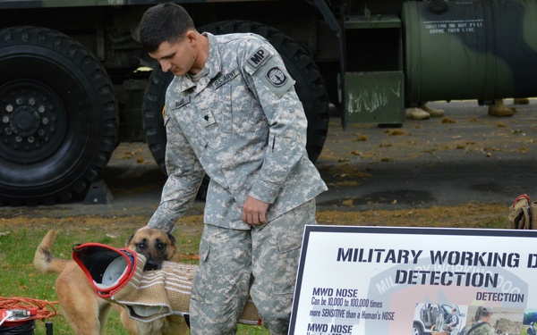 A U.S. Army Military Police soldier is handling a Military Working Dog (MWD) during what appears to be a public demonstration or display event. The soldier, wearing ACU (Army Combat Uniform) with an 'MP' patch, stands beside a Belgian Malinois-type dog near an informational sign about Military Working Dog Detection. The setting includes military vehicles in the background and educational materials about MWD capabilities.