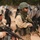 The image shows military and security personnel in a field setting, with two armed soldiers in the foreground and a line of riot-shield-equipped personnel in the background. The foreground soldier on the left wears MARPAT desert camouflage consistent with U.S. Marines, while the central figure wears desert camouflage with a shoulder patch marked '13' and an olive shemagh scarf. The scene appears to depict a joint training exercise or crowd control operation.