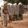 A military service member in MARPAT desert camouflage uniform handles a German Shepherd military working dog (MWD) in the foreground. Behind them, a formation of personnel in riot control gear — white helmets and gray ballistic shields — are lined up in a disciplined formation. The scene appears to be a military training exercise involving crowd control and K9 units.