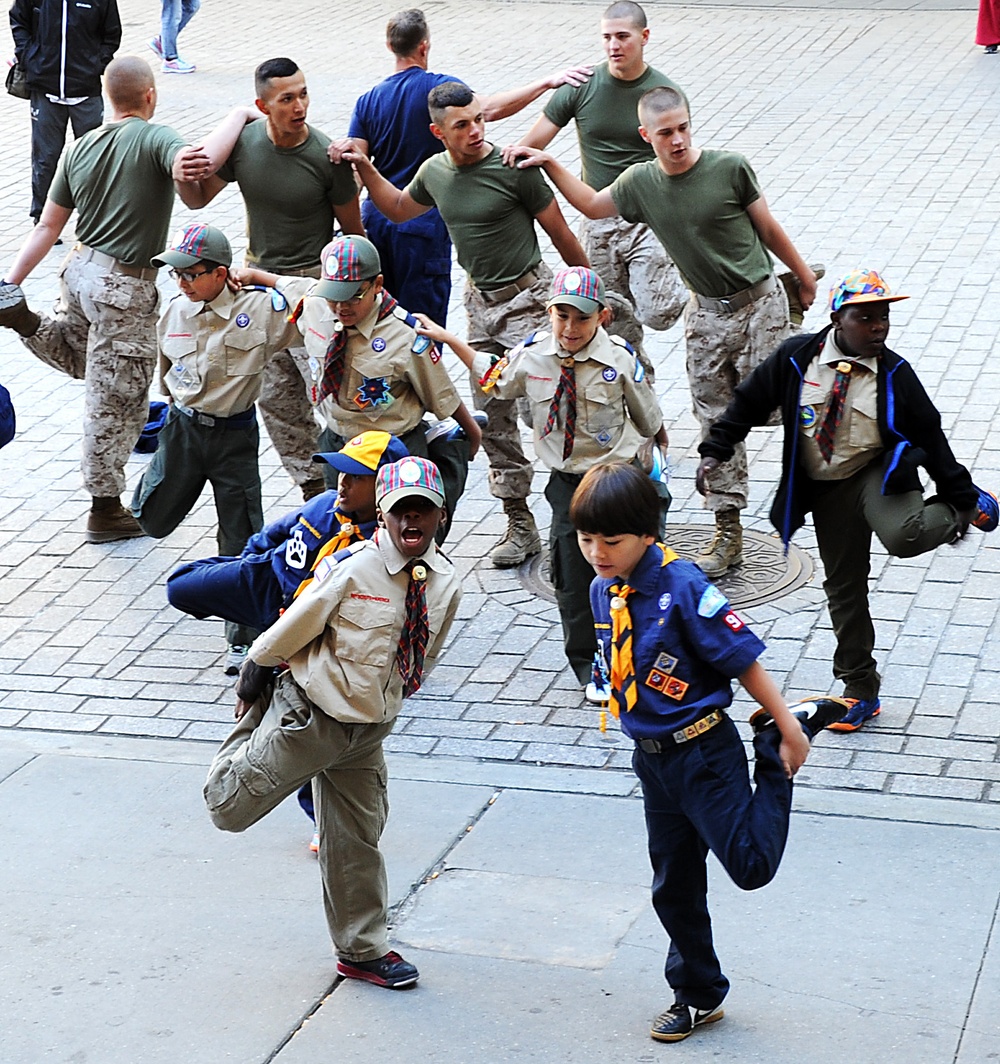 Boy Scouts of America PT and talk with members of the sea services during Fleet Week New York 2015