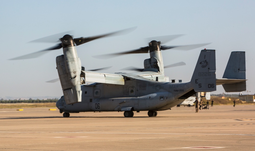 Romania Bound: Crisis Response Marines launch Ospreys from Spain during integration exercise.
