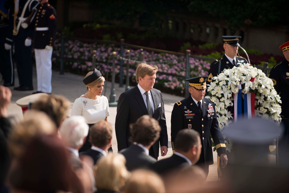 His Majesty King Willem-Alexander and Her Majesty Queen Máxima of the Netherlands lay a wreath at the Tomb of the Unknown Soldier in Arlington National Cemetery
