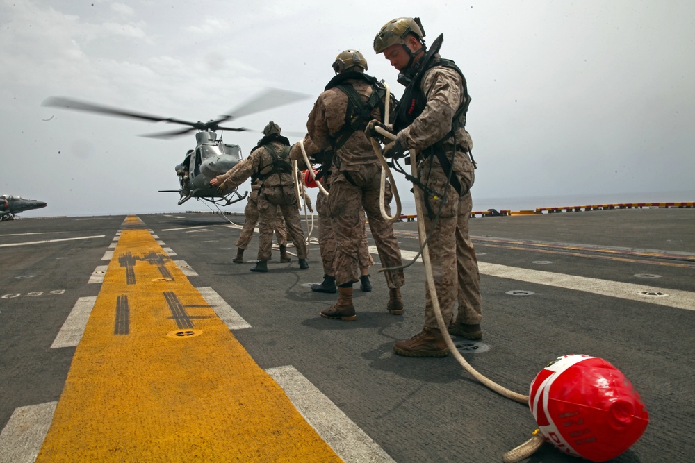 Marines with the MRF conduct special patrol insertion/extraction training from a UH-1Y Huey