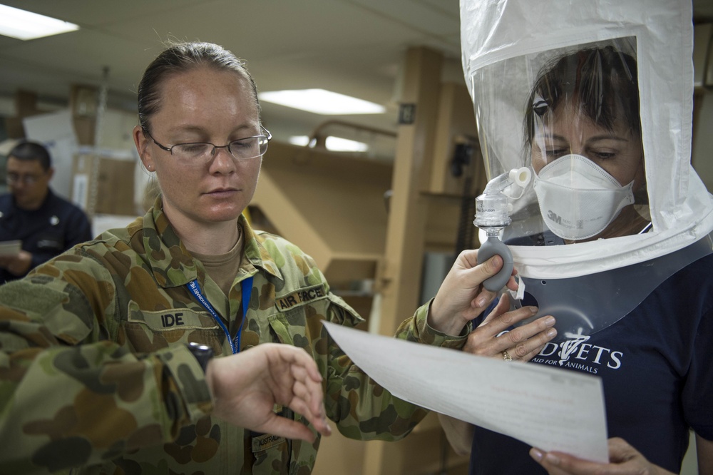 Multi-national military medical personnel conduct M95 respirator fit testing aboard USNS Mercy