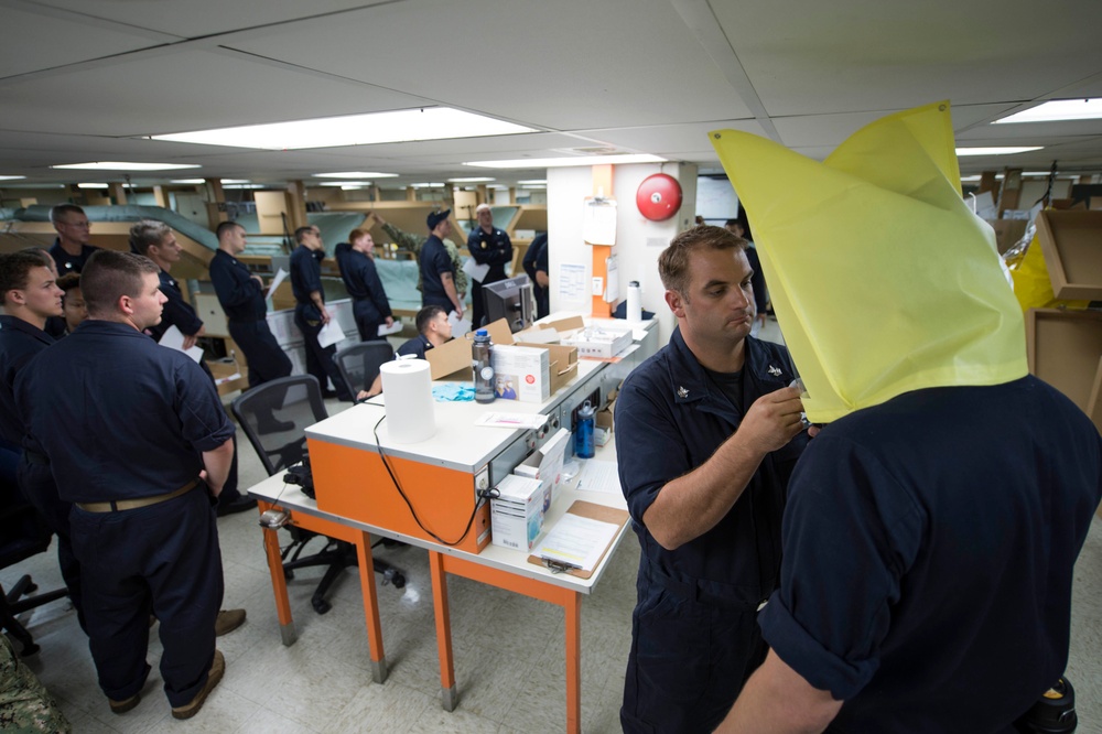 Multi-national military medical personnel conduct M95 respirator fit testing aboard USNS Mercy