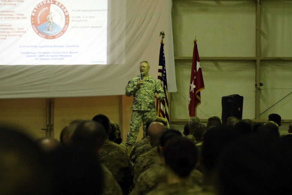 Addressing National Guard Soldiers at Camp Buehring