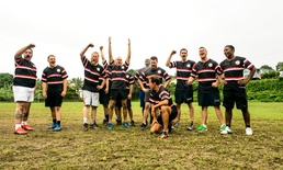 Americans and Fijians play rugby during Pacific Partnership 2015