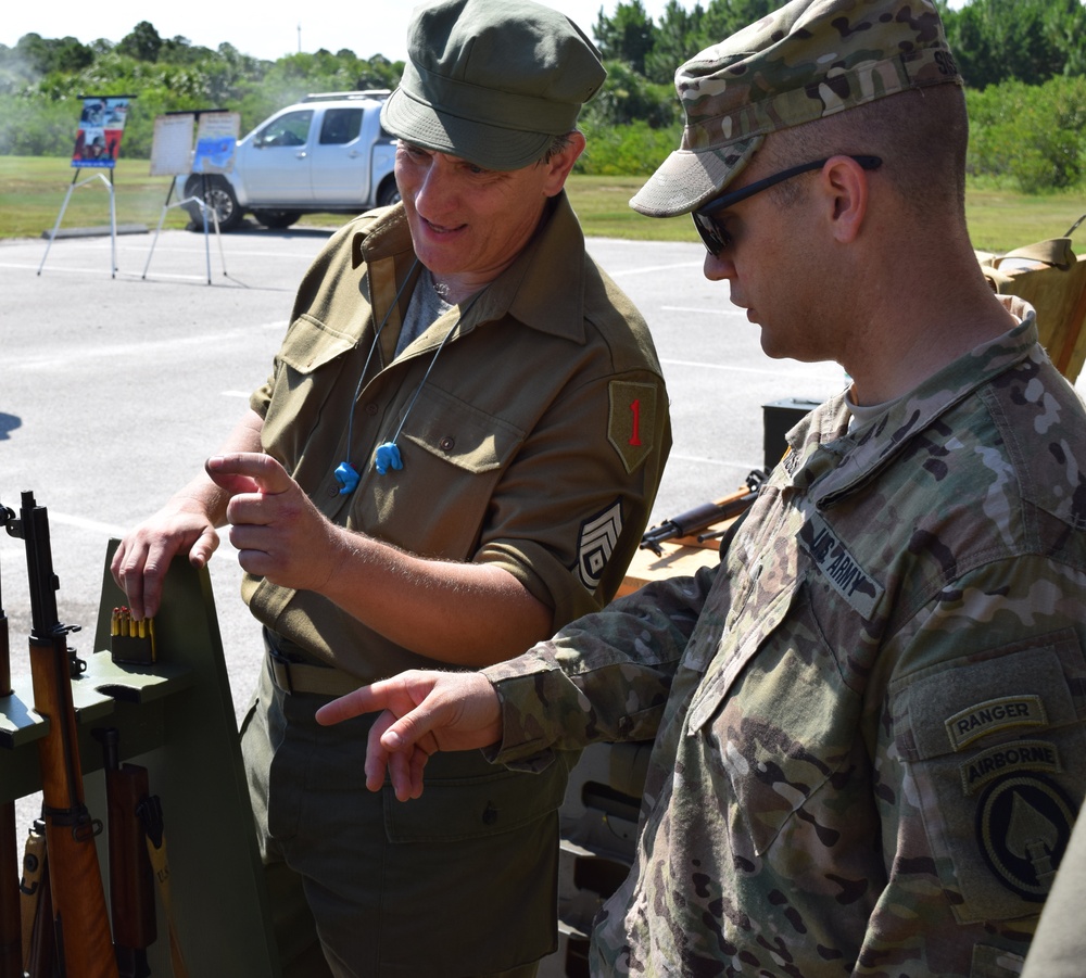 1st ID Re-enactment Group's first sergeant discusses World War II weapons with USSOCOM major