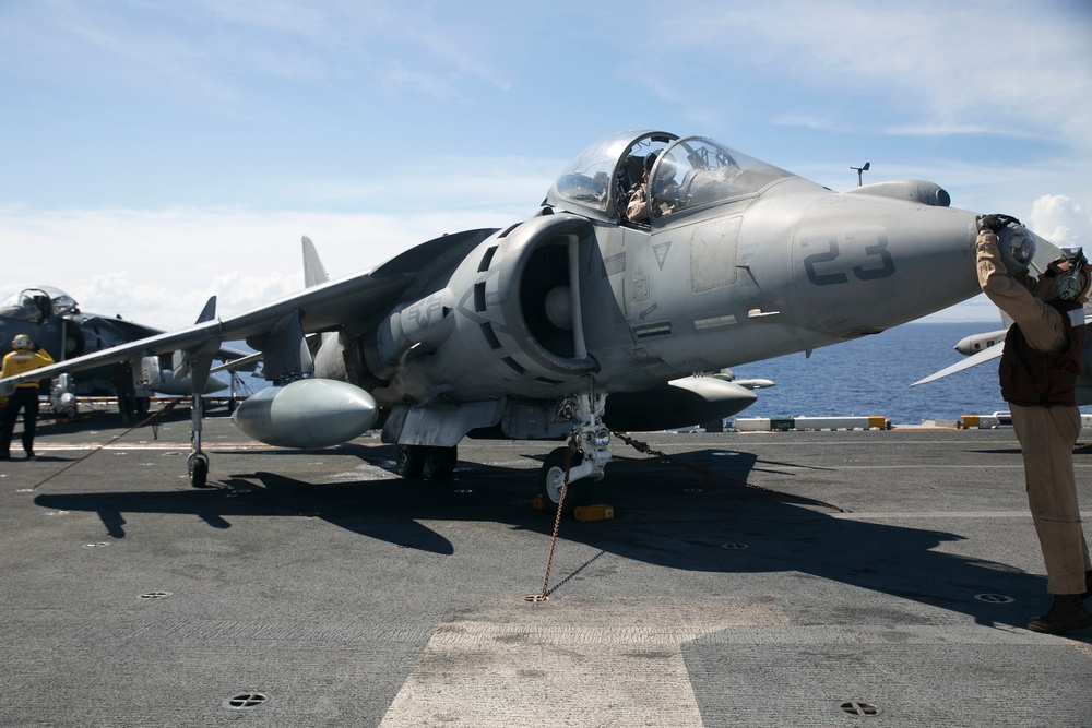 AV-8B Harrier jets practice short takeoff, vertical landings