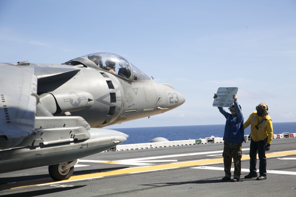 AV-8B Harrier jets practice short takeoff, vertical landings