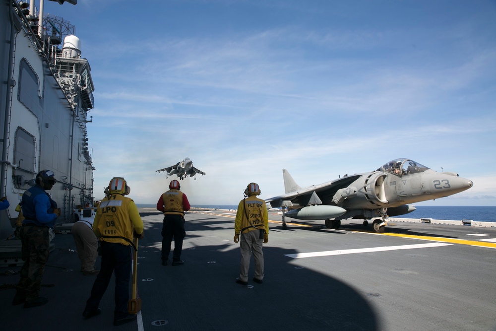 AV-8B Harrier jets practice short takeoff, vertical landings