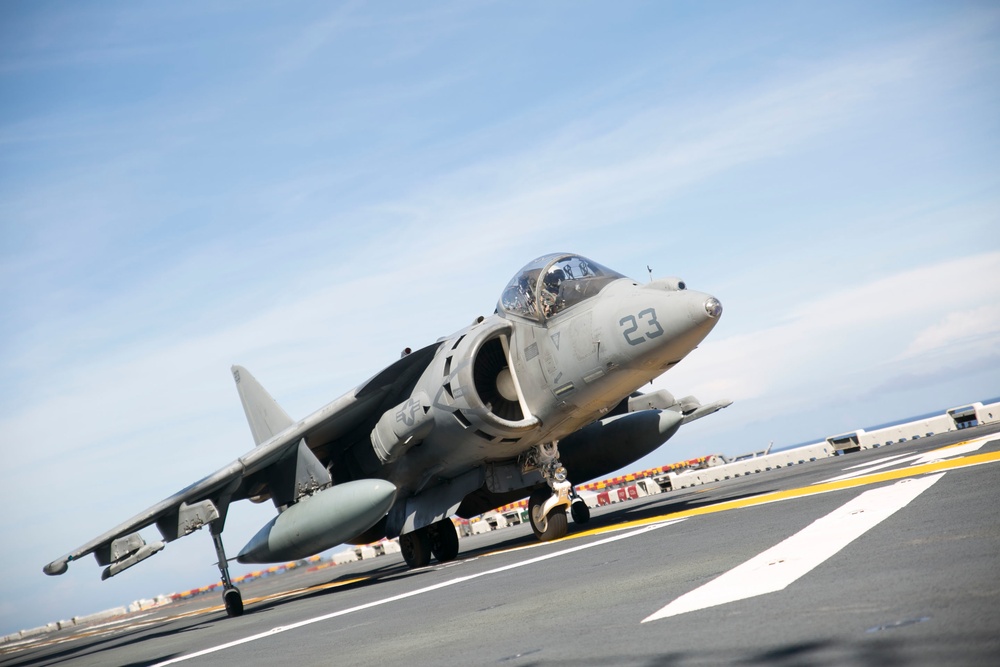 AV-8B Harrier jets practice short takeoff, vertical landings