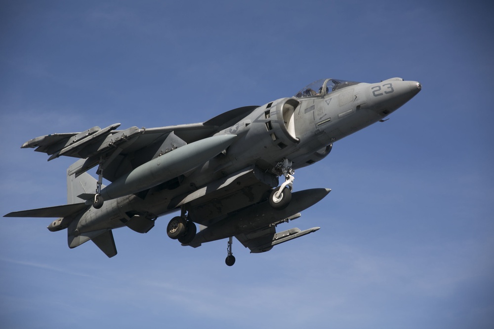 AV-8B Harrier jets practice short takeoff, vertical landings