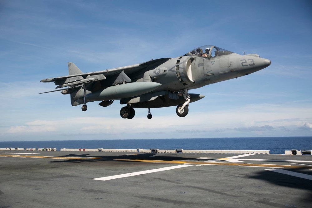 AV-8B Harrier jets practice short takeoff, vertical landings