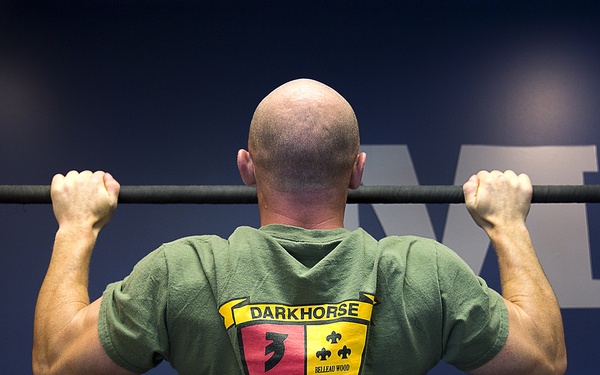 A bald man is performing pull-ups on a red metal pull-up bar in what appears to be a gym or fitness facility. He is wearing a green military-style t-shirt with a 'Darkhorse' unit crest on the back, referencing the 3rd Battalion, 5th Marines. The background features a dark blue wall with partial large lettering visible.