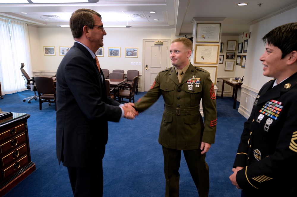 Secretary of defense greets the Junior and Senior Enlisted Service Member of the Year