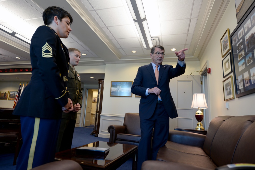 Secretary of defense talks with the Junior and Senior Enlisted Service Member of the Year