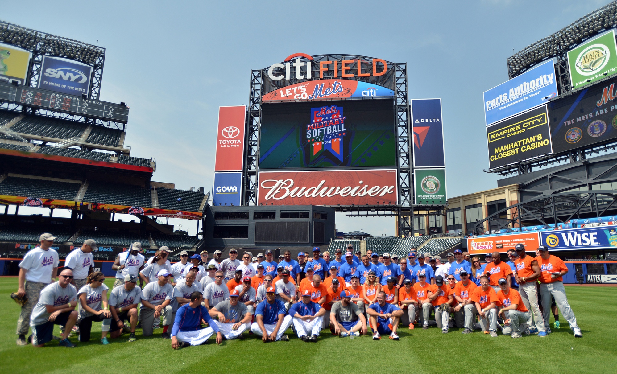 NEW YORK, NY - Wearing New York Mets jerseys, service members from the Air  Force, Army, Marines and Navy play a tournament style softball game at  Citifield on June 11, 2015. The