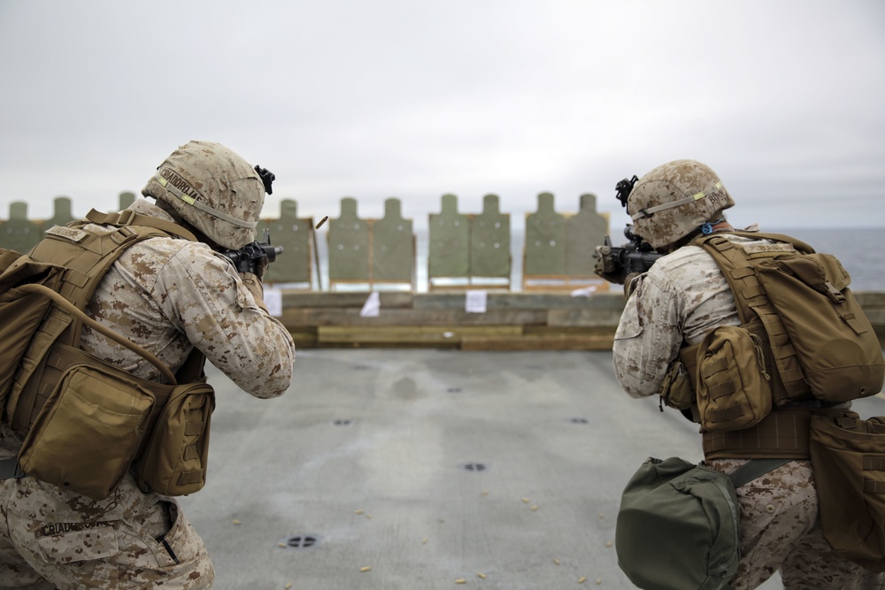 Marines hone their weapons skills on the USS San Antonio