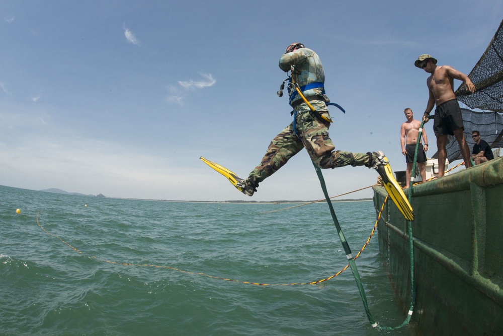Navy diver enters water during POW/MIA recovery mission