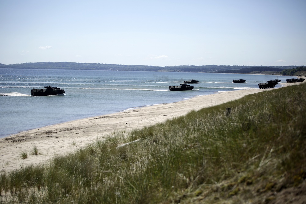 Amphibious Assault Vehicles hit the beach in Sweden during BALTOPS 2015